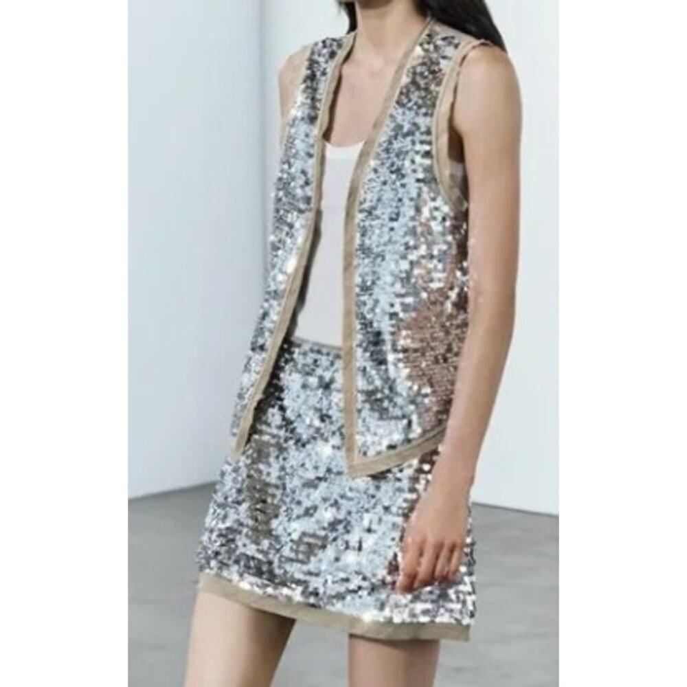 Zara Zw Collection Silver Sequined Mini Skirt Sz. L